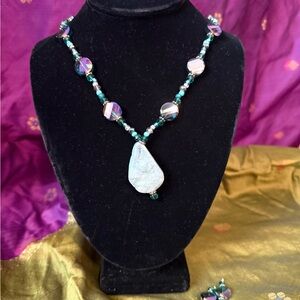 Elegant Teal and Silver Necklace & Earrings Set Cruise Wear Boho